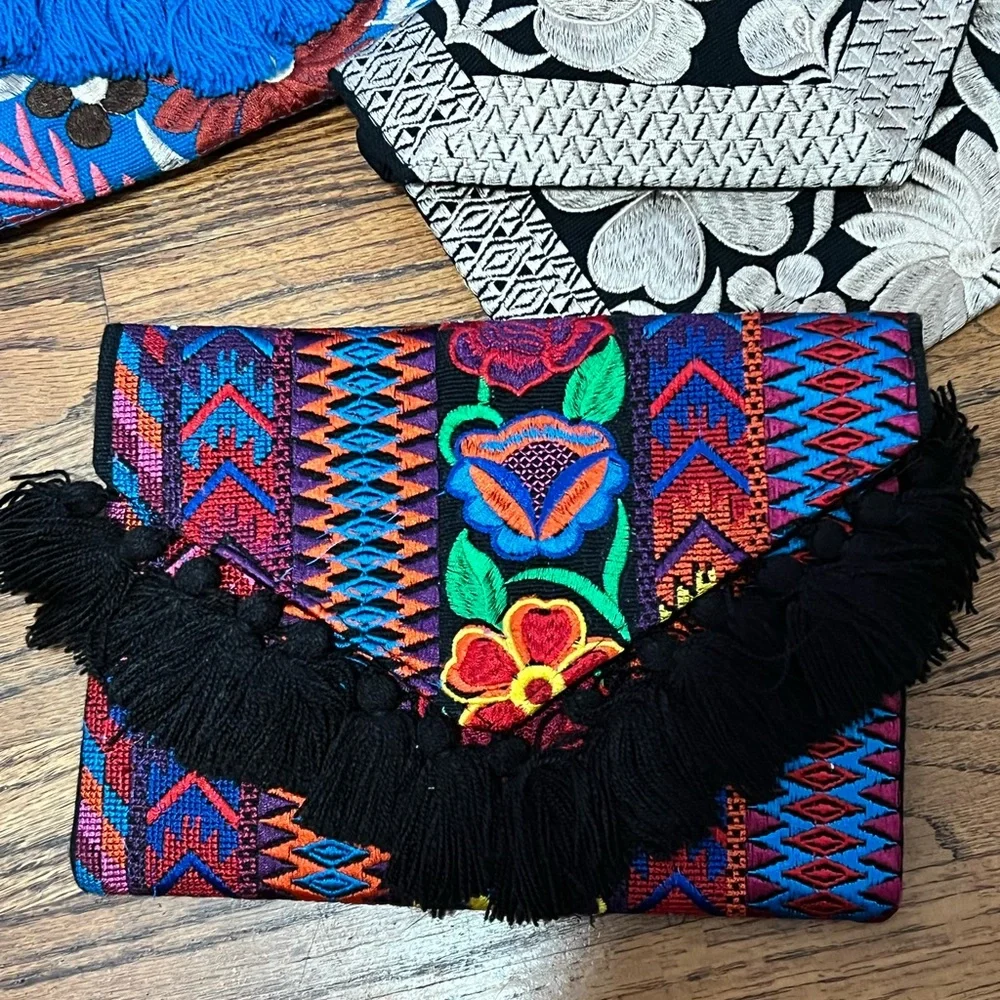 Colorful Embroidered Clutch/Crossbody Bag (Black Tassel)